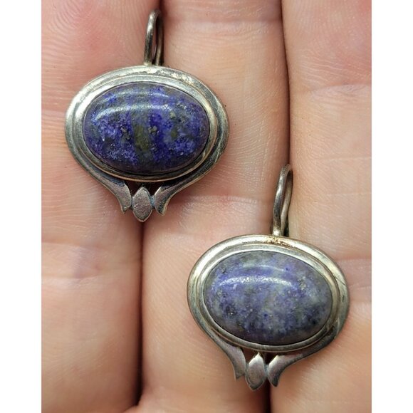 Vintage Sterling Silver 925 Thailand Lapiz Lazuli Fishhook Earrings E1 - Picture 4 of 9